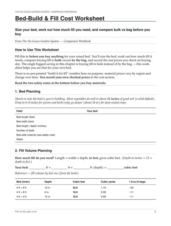 A page from the Companion Workbook: the Bed-Build and Fill Cost Worksheet, comparing bulk and bagged fill before buying.